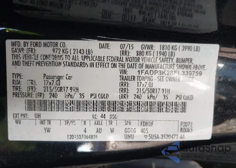 2015 Ford Focus Se из США, поврежденный, VIN 1FADP3K28FL339759